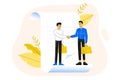 Business concept. Agreement. Young business people standing on a signed contract. Hand shaking and making deal. Vector