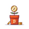 Business concept. bitcoin grow from flower pot cartoon icon illustration flat style on white background for web, landing page,