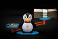 Bowl of children\'s scales in the form of a toy penguin with a stack of paper money and metal coins on a black background