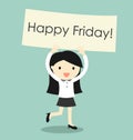 Business concept, business woman feeling happy and holding 'Happy Friday' banner. Vector illustration.