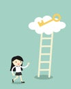 Business concept, Business woman going to climb the ladder for get a golden key.