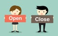 Business concept, Business woman holding 'Open' banner and businessman holding 'Close' banner.