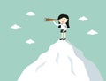 Business concept, Business woman using telescope while standing on the top of the mountain.