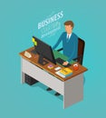 Business concept. Businessman, man sitting at desk with computer. Office worker, work, workplace, career icon. Flat