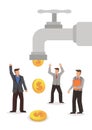 Business concept of businessmen under a water tap flows with gold coins