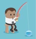 Business Concept Cartoon African businessman fishing in the empty fish tank