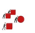 Business concept cartoon of a businessman pushing a sphere leading the race against a group of slower businessmen pushing boxes. W