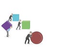 Business concept cartoon of a businessman pushing a sphere leading the race against a group of slower businessmen pushing boxes. W