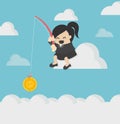 Business Concept Cartoon Illustration. business woman fishing on Royalty Free Stock Photo