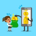 Business concept cartoon smartphone giving money coin to businesswoman