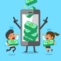 Business concept cartoon smartphone help business team to earn money stacks