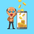 Business concept cartoon smartphone help a senior man to earn money Royalty Free Stock Photo