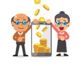 Business concept cartoon smartphone help senior people to earn money Royalty Free Stock Photo