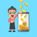 Business concept cartoon smartphone help a senior woman to earn money Royalty Free Stock Photo