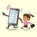 Business concept cartoon smartphone running with a businesswoman
