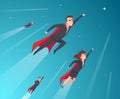 Business concept characters. Professional team working powerful superheroes in action poses vector corporate background