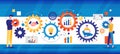 Business concept colorful panorama banner with businessman and woman flanking gear wheels with icons