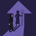 Business concept design Arab businesswoman with devil of shadow. Evil worker facing her devil shadow on wall. Bad character