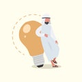 Business concept design Arabian businessman leaning on big light bulb. Business people have ideas leaning against lamp symbol is