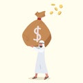 Business concept design Arabian businessman lifting sack of money payday. Male manager holding large bag full of money. Worker