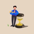 Business concept design businessman lean on huge giant hourglass. Effective time management, successfully task organizing, Royalty Free Stock Photo