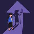 Business concept design businesswoman with devil of shadow. Evil worker facing her devil shadow on wall. Bad character businessman