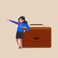 Business concept design confident businesswoman leaning on leather huge briefcase and pointing forward. Female manager standing