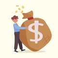 Business concept design happy businessman hugs sack of money. Financial success. Smart male manager standing and hugging huge cash