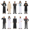 Business concept. Detailed illustration of different muslim or indian businessmen standing in diverse positions in flat