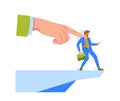 Business Concept Of Downsizing Portrayed As Large Boss Hand Pushing Employee Character Off A Cliff, Vector Illustration