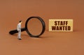 A figurine of a businesswoman looks through a magnifying glass at a block with the inscription - Staff wanted