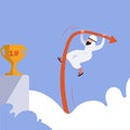 Business concept flat Arab businessman jumping using pole vault to reach trophy. Business competition, career challenge and goal