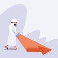 Business concept flat Arabian businessman with flashlight uncovering hidden arrow sign. Searching direction clue. Uncovering