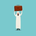 Business concept flat Arabian businessman lifting up briefcase. Male manager raising up suitcase. Concept of winning, happy, Royalty Free Stock Photo
