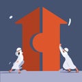 Business concept flat Arabian businessman merging arrows together. Male workers pushing arrow shape puzzle to unite. Teamwork. Two