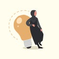 Business concept flat smart Arabian businesswoman leaning on big light bulb. Business people have ideas leaning against lamp