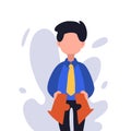 Business concept flat style isolated of businessman put arrows together. Cooperation, support, merger, acquisition. Young worker