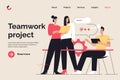 Business concept flat style outline vector illustration on the subject of collaboration, teamwork, discussing. Editable