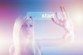 Business concept - girl with screen and start button Royalty Free Stock Photo