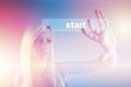 Business concept - girl with screen and start button Royalty Free Stock Photo