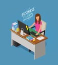 Business concept. Girl, woman sitting at desk with computer. Office worker, work, workplace icon. Flat vector