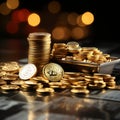 Business concept Gold bullion and coins against stock market charts Royalty Free Stock Photo