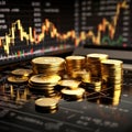 Business concept Gold bullion and coins against stock market charts Royalty Free Stock Photo