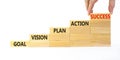 Business concept growth success process. Blocks stacking as step stair on white background, copy space. Words goal, vision, plan,