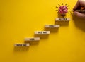 Business concept growth success process. Wood blocks stacking as step stair on yellow background, copy space. Businessman hand. Royalty Free Stock Photo