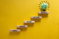 Business concept growth success process. Wood blocks stacking as step stair on yellow background, copy space. Words `goal, vision