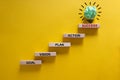 Business concept growth success process. Wood blocks stacking as step stair on yellow background, copy space. Words `goal, vision