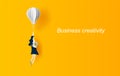 Business concept idea.Woman flying with balloon Hold dollar coin. Symbol of innovation.Start up for success.Girl discover best