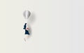 Business concept idea.Woman flying with balloon Hold dollar coin. Symbol of innovation.Start up for success.Girl discover best