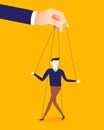 Business concept illustration of big hand and a businessman being controlled by puppet master. Royalty Free Stock Photo